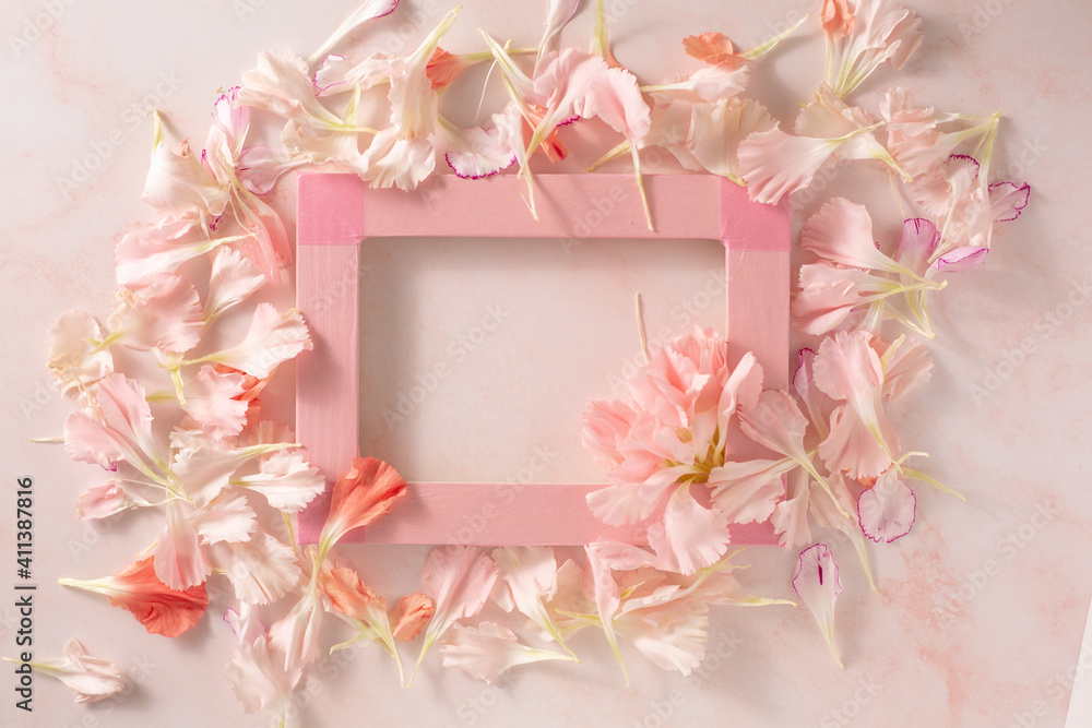 flower frame. carnation petal with pink photo frame.