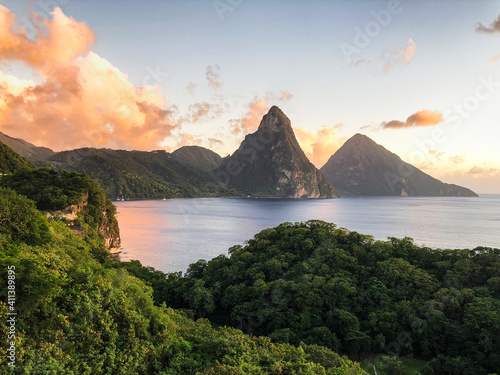 Pitons at sunset in St. Lucia