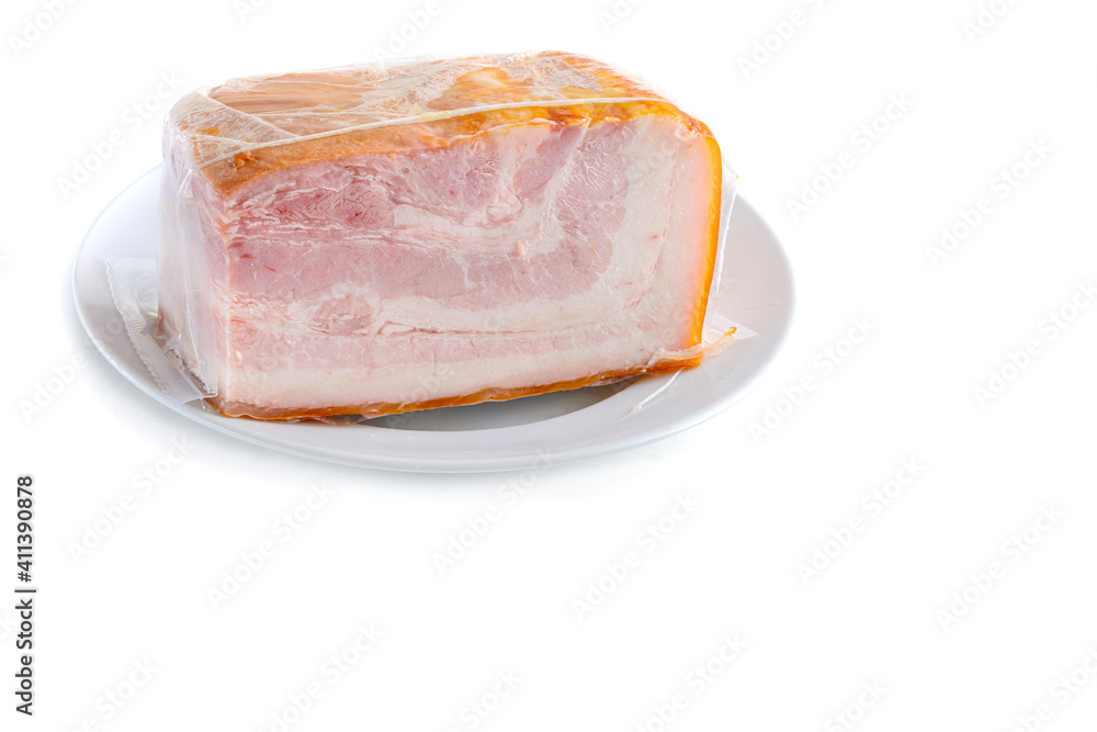 Smoked pork belly, bacon, ham. White isolated background.