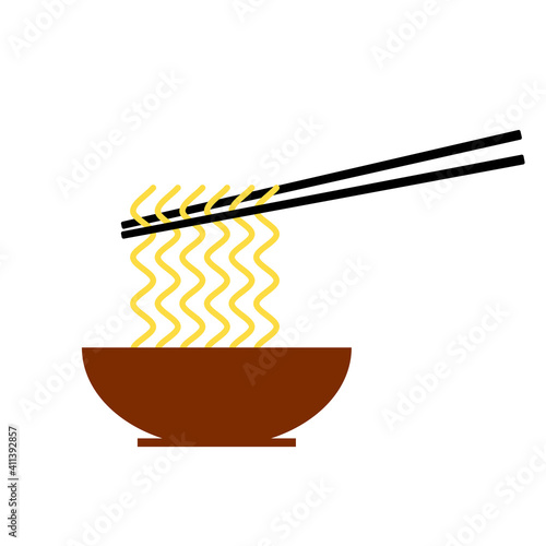 Illustration of a bowl of noodle picked up by chopstick.