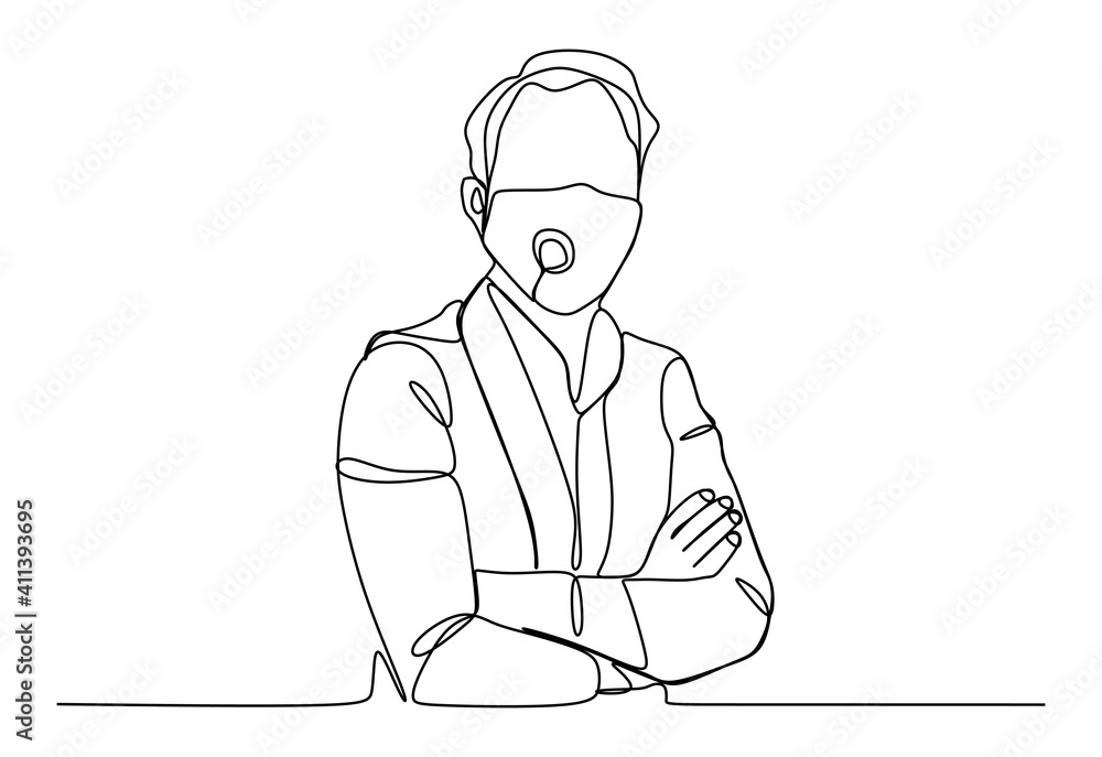 A business man wearing protective face mask to prevent virus infection. Continuous one line drawing