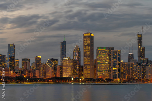 Chicago Cityscape river side along Lake Michigan at beautiful twilight time, Illinois, United States, building and real estate, Business Architecture and building, travel and tourist concept