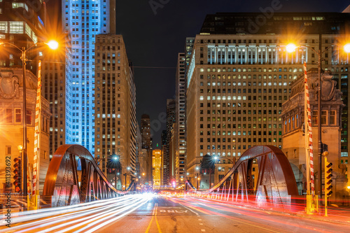 Scene of Chicago riverwalk cityscape at the twilight time, USA downtown skyline, illinois, United state of america, Architecture and building,travel with tourist concept