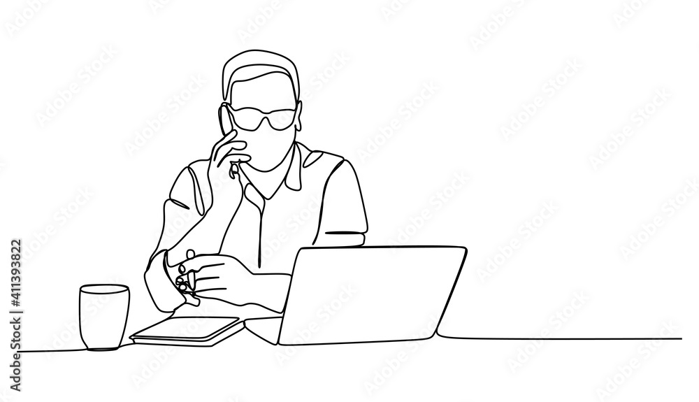Businessman working in front of laptop and calling his colleague. Continuous one line drawing Businessman working in front of laptop and calling his colleague. Continuous one line drawing