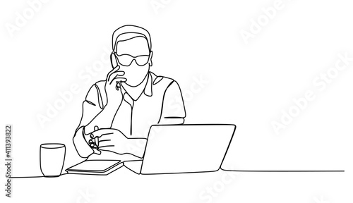Businessman working in front of laptop and calling his colleague. Continuous one line drawing