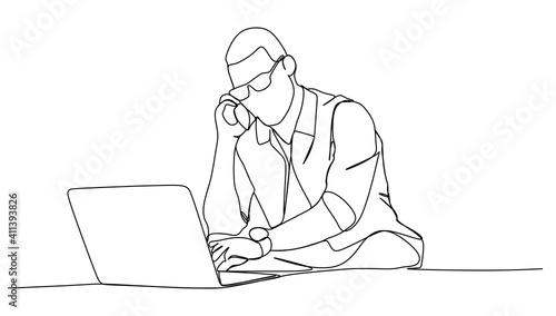 Busy young in front of laptop, making notes in notebook and talking to client on the phone - Continuous one line drawing