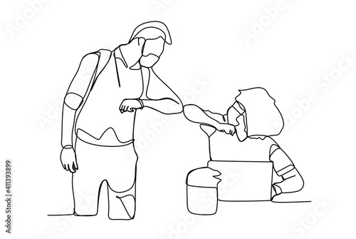 Business partner waring protective mask, meet and do elbow bumping. Continuous one line drawing