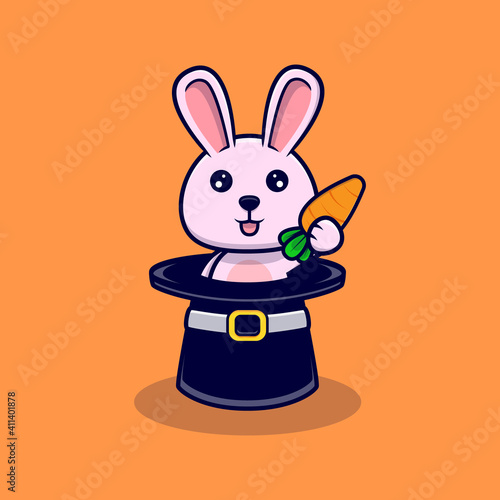Cute bunny girl pop up from hat with carrot design icon illustration