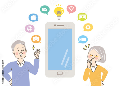 スマホを学ぶシニア女性と男性