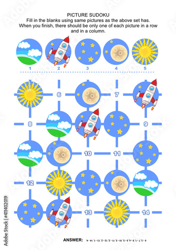 Picture sudoku puzzle with spaceship, Earth, Sun, Moon and stars, space exploration themed. Answer included.
