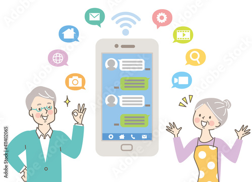スマホを学ぶシニア女性と男性