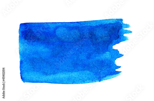 Blue water isolated spot on white background. Watercolor hand drawing blue illustration. Abstract wet brush painted paper texture. Design artistic element for banner, print, template, cover decoration
