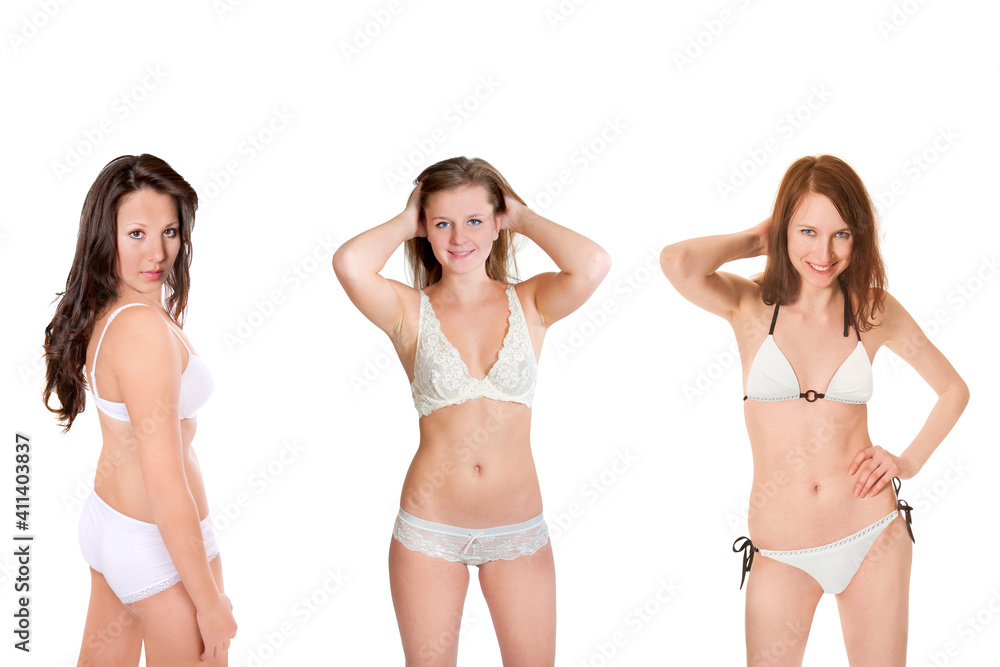 Three closeup portraits of beautiful young women wearing white underwear and swimwear, isolated on white studio background Three closeup portraits of beautiful young women wearing white underwear and swimwear, isolated on white studio background