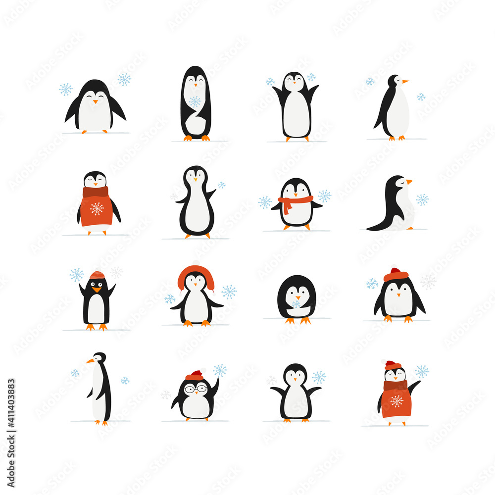 Funny Penguins. Icons collection. Sketch for your design Funny Penguins. Icons collection. Sketch for your design