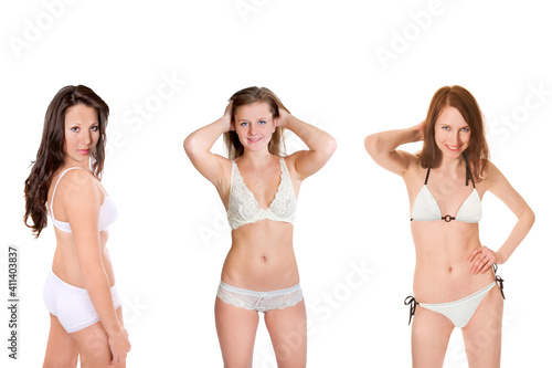 Three closeup portraits of beautiful young women wearing white underwear and swimwear, isolated on white studio background