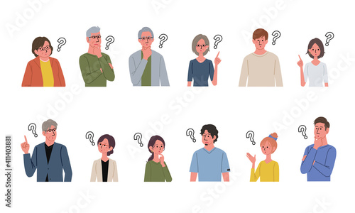 考える人々のイラスト　複数の男女　イラスト　セット
