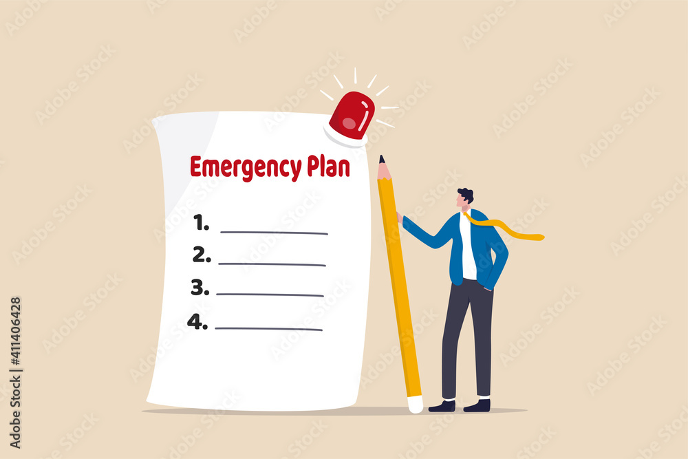 Business emergency plan, checklist to do when disaster happen to continue business and build resilience concept, smart businessman leader holding pencil with paper of emergency plan flashing siren. Business emergency plan, checklist to do when disaster happen to continue business and build resilience concept, smart businessman leader holding pencil with paper of emergency plan flashing siren.