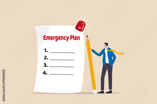 Business emergency plan, checklist to do when disaster happen to continue business and build resilience concept, smart businessman leader holding pencil with paper of emergency plan flashing siren.