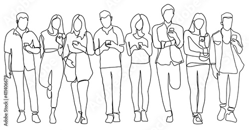 Line drawing of people using smartphone together