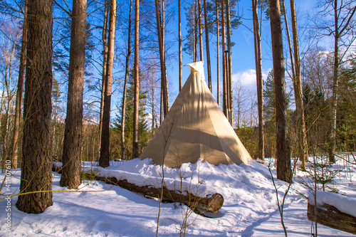 Tent in the winter forest. ...