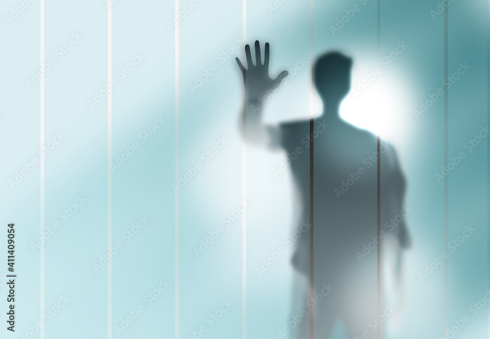 Man behind muddy glass. Silhouette of a man behind a cloudy glass. He put  his hand