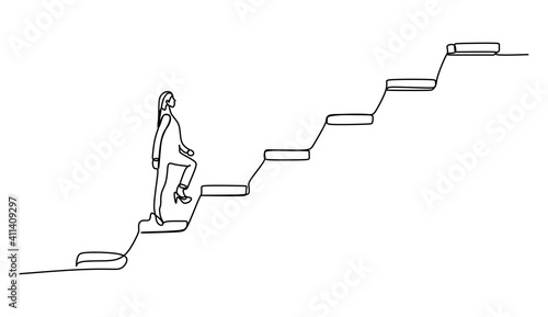 business and education concept - smiling businesswoman stepping up staircase - Continuous one line drawing
