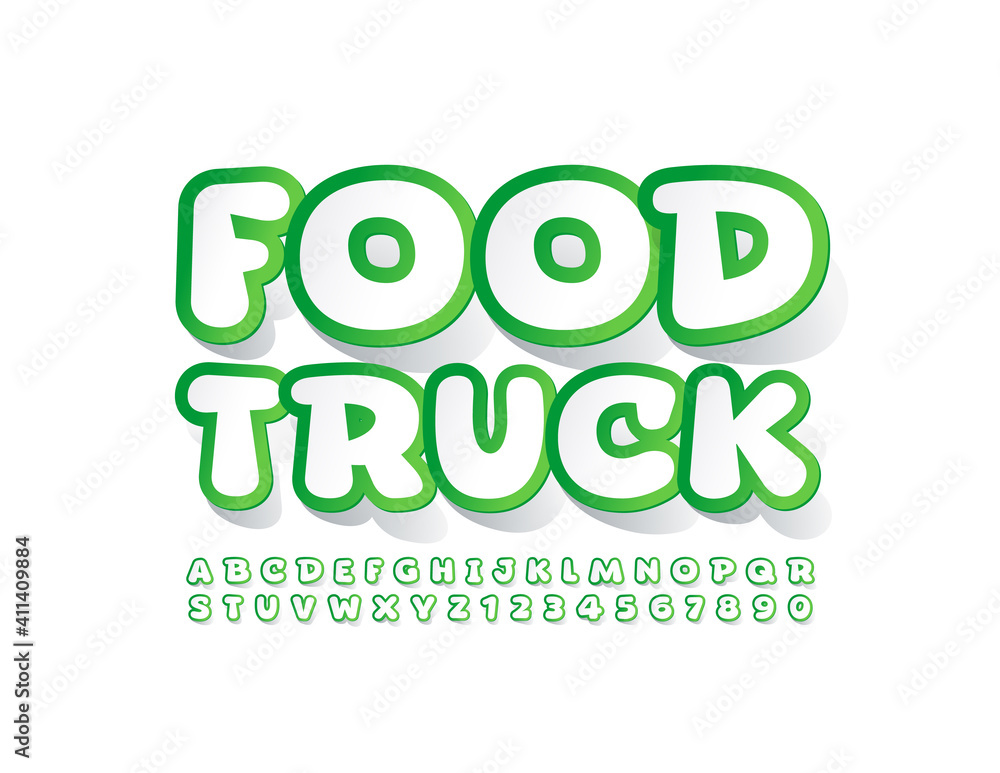 Vector modern sign Food Truck. Green and White creative Font. Sticker style Alphabet Letters and Numbers set Vector modern sign Food Truck. Green and White creative Font. Sticker style Alphabet Letters and Numbers set