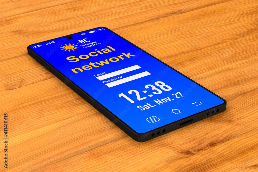 social network into phone on wooden background. 3D illustration social network into phone on wooden background. 3D illustration