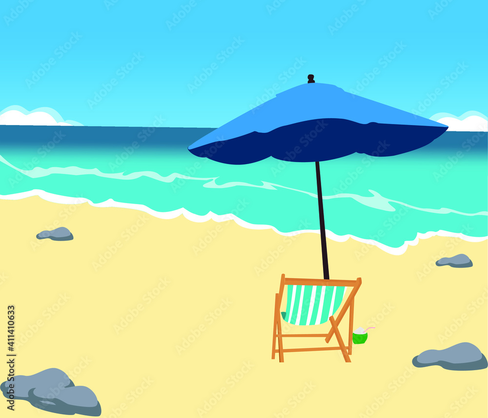  Vector cartoon style background of summer beach. Paradise nature vacation, ocean or sea seashore. Seaside landscape, tropical beach relax or seaside landscape. Vector background illustration