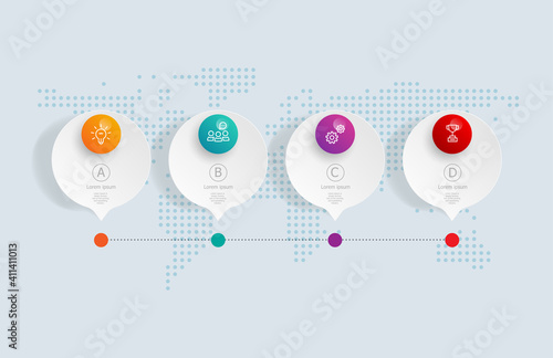 abstract horizontal timeline infographics 4 steps with world map for business and presentation