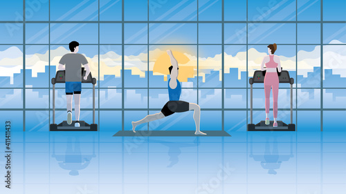 Mind and body exercise of yoga posture man on yoga mat in fitness center between treadmill runner. Get attention from other people by balance pose, relaxation and cool down body stretching after run.