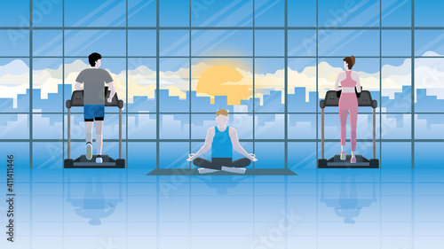 Mind and body exercise. Meditation man sitting cross-legged on yoga mat in fitness center between treadmill. Attention from other people by mindfulness, discipline, knowing breath and relieve stress.