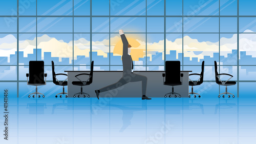 Businessman relieve stress in office conference room after serious meeting. Doing yoga posture and meditation in balance pose and body stretching. Mindfulness, healthy lifestyle, relaxing time, peace.