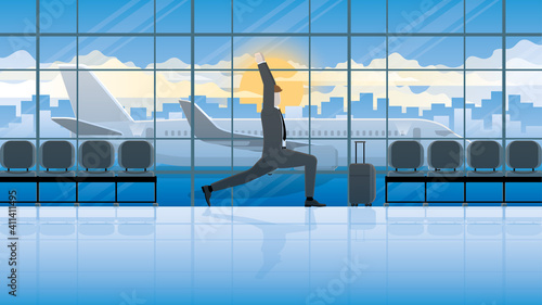 Yoga posture businessman at international airport waiting for business trip flight in balance pose, body stretching, relieve stress, body balance, relaxation, mindfulness, meditation, calm and peace.