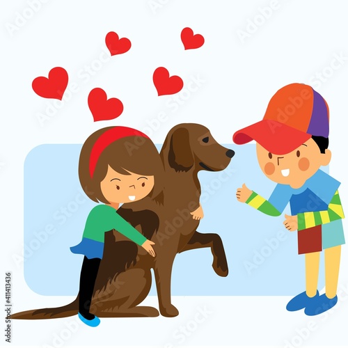 Happy young boy lovingly hugging his pet dog
