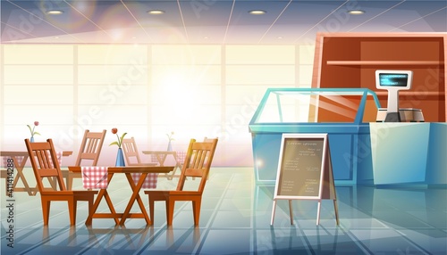 Vector cartoon style flat illustration of restaurant interior with showcases, cashier and dining tables with menu stand.