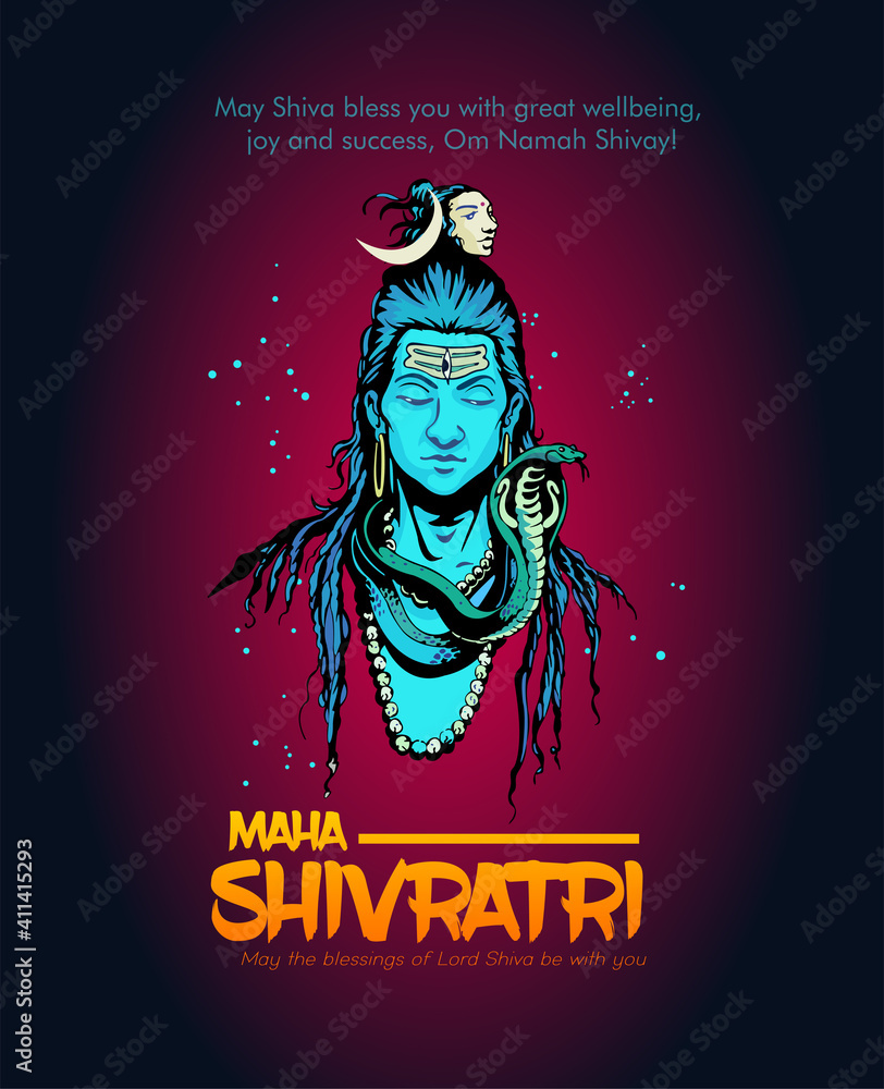 Greeting card for Hindu festival Maha Shivratri. Illustration of Lord Shiva,Indian God of Hindu for Shivratri with hindi text meaning om mahadev
