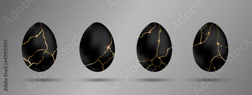 Easter black eggs set. Luxury eggs with different Kintsugi gold thin lines. Spring holiday. Realistic vector illustration. For greeting card, promotion, poster, flyer, banner, social media.
