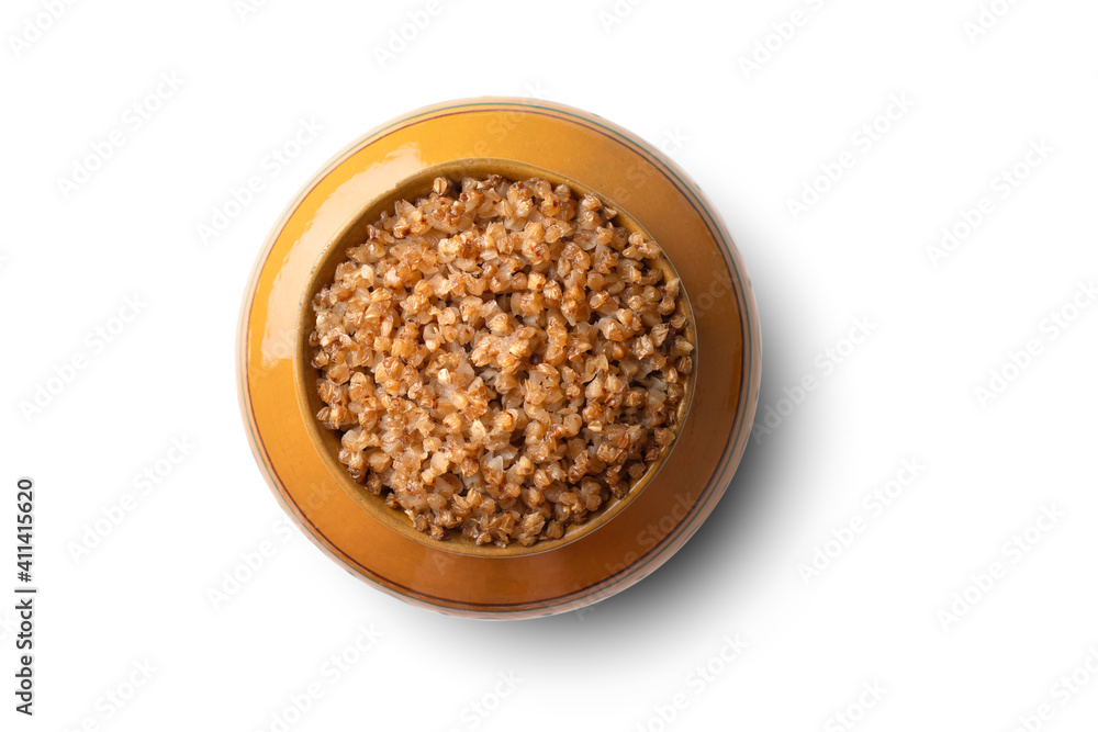 cooked buckwheat porridge in a clay pot in the oven isolated on white background cooked buckwheat porridge in a clay pot in the oven isolated on white background