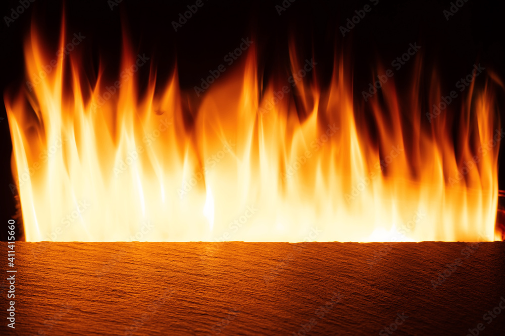 Fototapeta premium Empty slate table top with orange fire