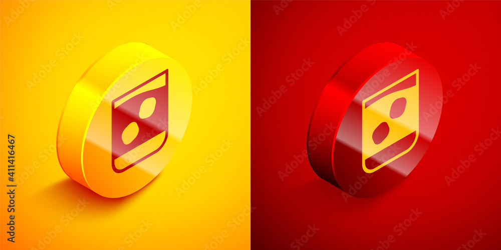 Isometric Glass of whiskey and ice cubes icon isolated on orange and red background. Circle button. Vector Illustration. Isometric Glass of whiskey and ice cubes icon isolated on orange and red background. Circle button. Vector Illustration.