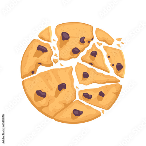 Traditional delicious pastries with chocolate pieces. Broken cookies. Vector illustration in cartoon flat style.