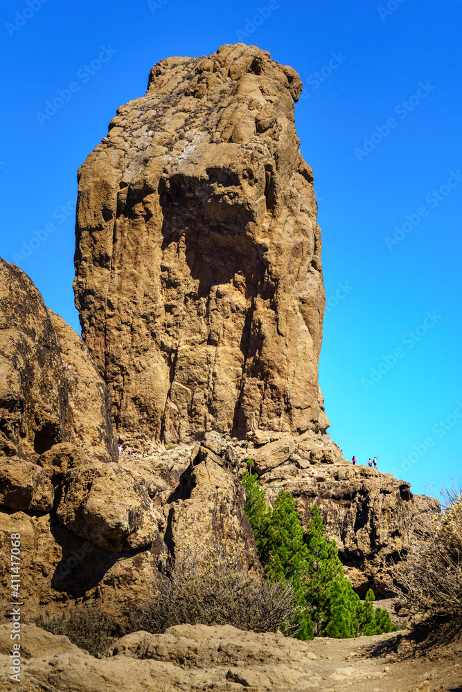 Huge vertical rock called Roque Nublo on the island of Gran Canaria. Protected natural park.