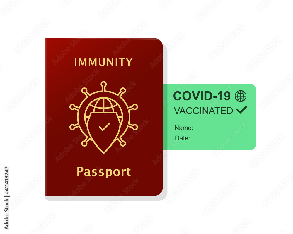 Immunity passport and certificate of being vaccinated and immune against coronavirus. COVID-19, vaccine and traveling restrictions concept. Immunity passport and certificate of being vaccinated and immune against coronavirus. COVID-19, vaccine and traveling restrictions concept.