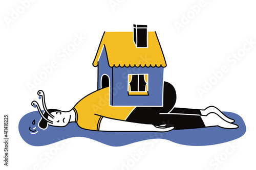 Stay at home concept with human becoming a snail. Person crying, feeling anxious and in a bad mental state because of isolation, quarantine or lockdown, coronavirus and COVID-19 pandemic.