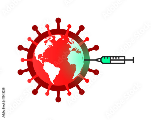 Global pandemic and vaccination concept. Globe as coronavirus and COVID-19 symbol, syringe injecting vaccine into the earth.