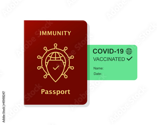Immunity passport and certificate of being vaccinated and immune against coronavirus. COVID-19, vaccine and traveling restrictions concept.