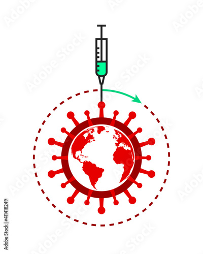 Vaccine and globe overwhelmed with coronavirus concept. COVID-19, syringe and dotted line as an ongoing vaccination process symbol.