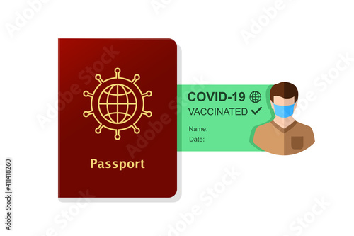 Passport and vaccination certificate concept. Human with a travel document as proof of being vaccinated and allowed traveling.