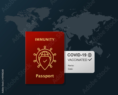 Immunity passport with travel document as certificate of being vaccinated against coronavirus and world map behind. COVID-19 pandemic, vaccination and international traveling concept with world map.